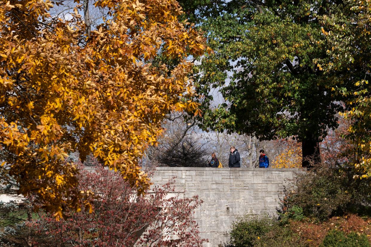 Oct 31, 2023; Granville, Ohio, USA; Students walk on the Denison University campus.
