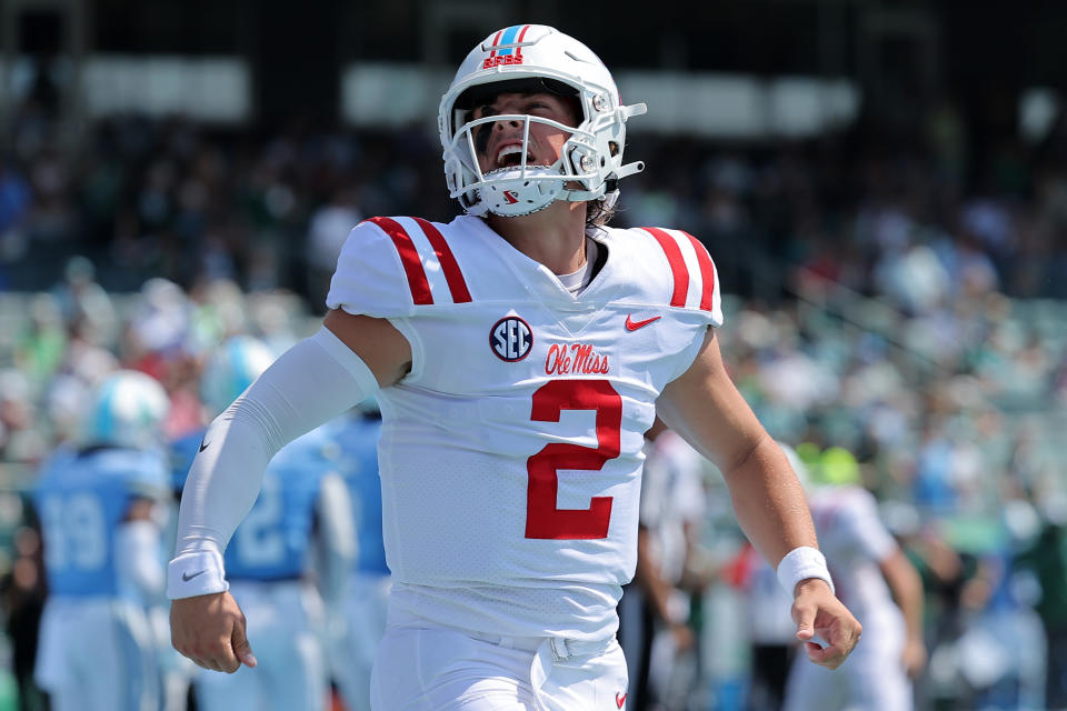 NEW ORLEANS, LOUISIANA - SEPTEMBER 09: Jaxson Dart #2 of the Mississippi Rebels celebrates a touchdown during the first half against the Tulane Green Wave at Yulman Stadium on September 09, 2023 in New Orleans, Louisiana. (Photo by Jonathan Bachman/Getty Images)