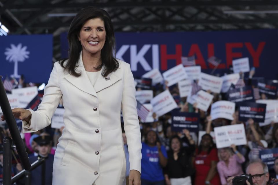 Republican presidential candidate Nikki Haley arrives on stage at her first campaign event on February 15, 2023 in Charleston, South Carolina. Former South Carolina Governor and United Nations ambassador Haley, officially announced her candidacy yesterday, making her the first Republican opponent to challenge former U.S. President Donald Trump. (Photo by Win McNamee/Getty Images)