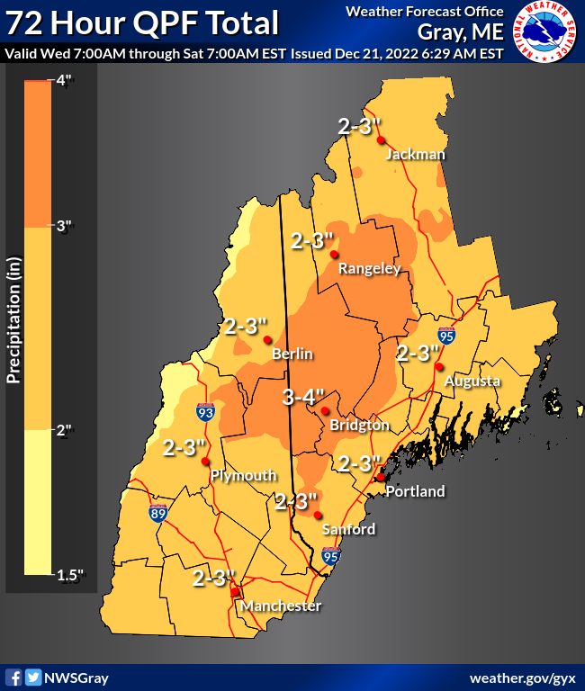 The National Weather Service in Gray, Maine, is forecasting between 2 and 4 inches of rain across New Hampshire and Maine.