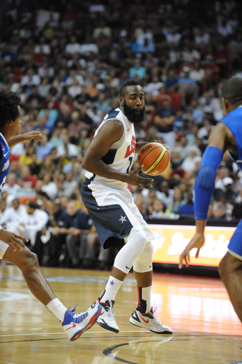 James Harden #12 of the US Men's Senior National Team looks to pass against the Dominican Republic during an exhibition game at the Thomas and Mack Center on July 12, 2012 in Las Vegas, Nevada. (Noah Graham/NBAE via Getty Images)