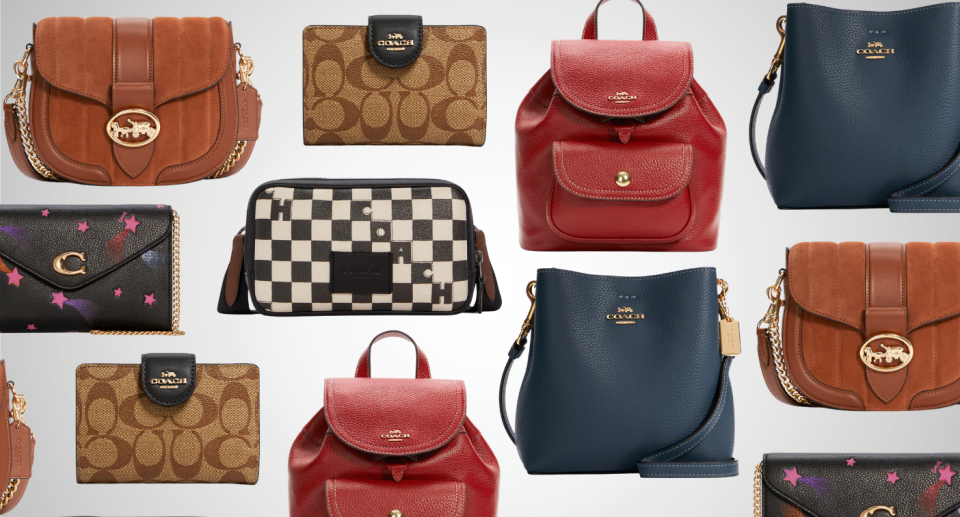 coach outlet black friday sale brown suede bag, red leather backpack, blue leather bucket bag, black and white checkered bag 