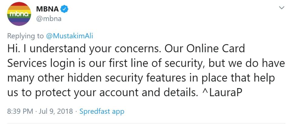 MBNA tweet telling a customer that login is only the first line of security and that there are many other hidden security features.