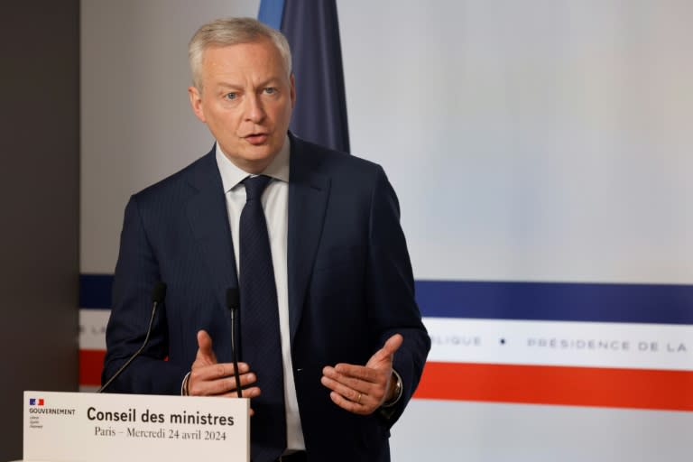 Le ministre de l'Economie Bruno Le Maire lors d'une conférence de presse à l'issue du conseil des ministres à l'Elysée, le 24 avril 2024 à Paris (Ludovic MARIN)