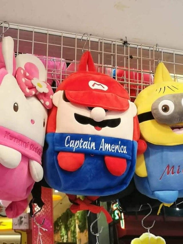 Mario bag knockoff labeled Captain America