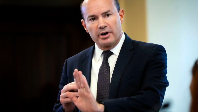 U.S. Sen. Mike Lee speaks to House Democrats at the Capitol in Salt Lake City on Wednesday, Feb. 21, 2024.