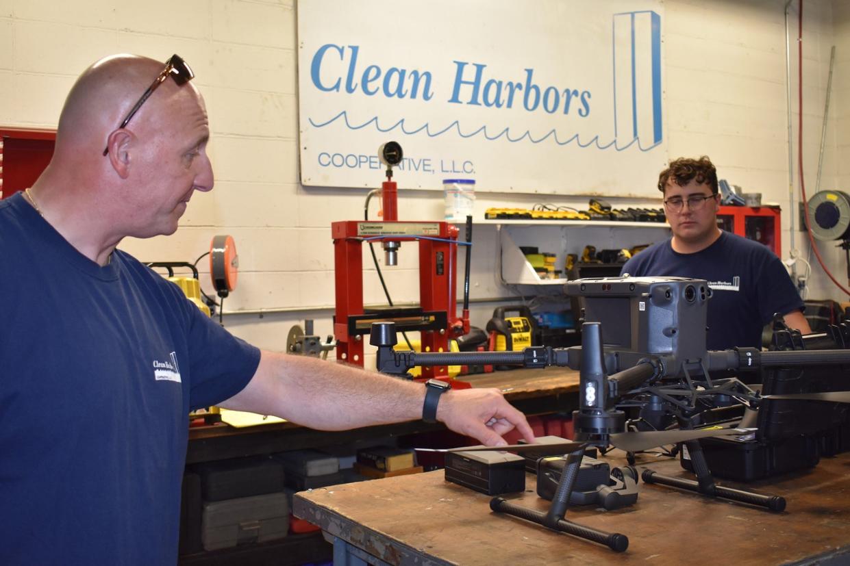 Clean Harbors Cooperative CEO Ben Salerno and IT Director Chris Bodi monitor one of the collective’s two drones, which help with remote imaging, emergency messages, and search and rescue.