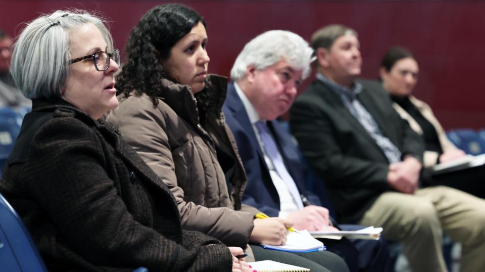 From left, state representatives Michelle DuBois and Rita Mendes, State Sen. Michael Brady and State Rep. Gerry Cassidy listen to speakers at a meeting at West Middle School in Brockton with state legislators about severe student behavior problems on Thursday, Feb. 15, 2024.