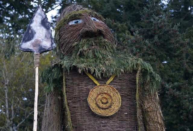A view of a wicker man ahead of being burnt at the Beltain Celtic Fire Festival at Butser Ancient Farm, near Waterlooville, Hampshire