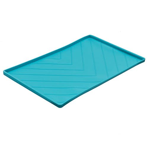 Messy Mutts Silicone Non-Slip Dog Bowl Mat with Raised Edge and Two Sides Reinforced with Metal Rods, Large, 24" x 16", Blue (Amazon / Amazon)