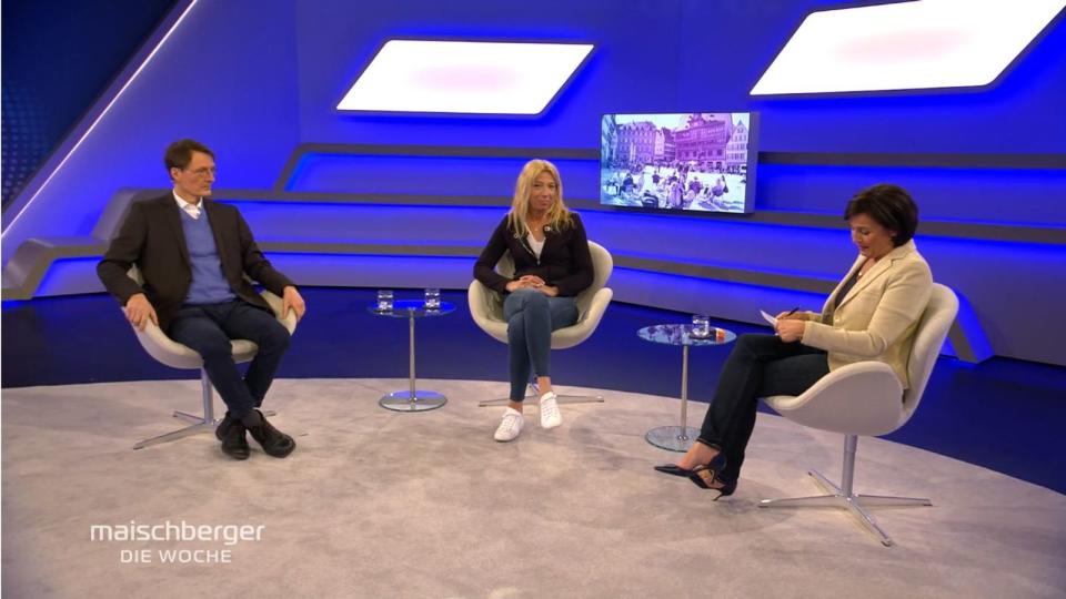 Sandra Maischberger (rechts) diskutierte unter anderem mit SPD-Gesundheitsexperten Karl Lauterbach und der Tübinger Ärztin Dr. Lisa Federle über die vom Bund beschlossene Notbremse. (Bild: ARD Screenshot)