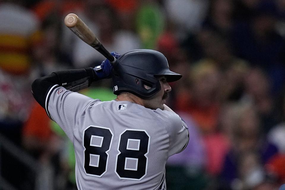 New York Yankees catcher Austin Wells (88) makes his first Major League plate appearance during the second inning of a baseball game against the Houston Astros, Friday, Sept. 1, 2023, in Houston. (AP Photo/Kevin M. Cox)