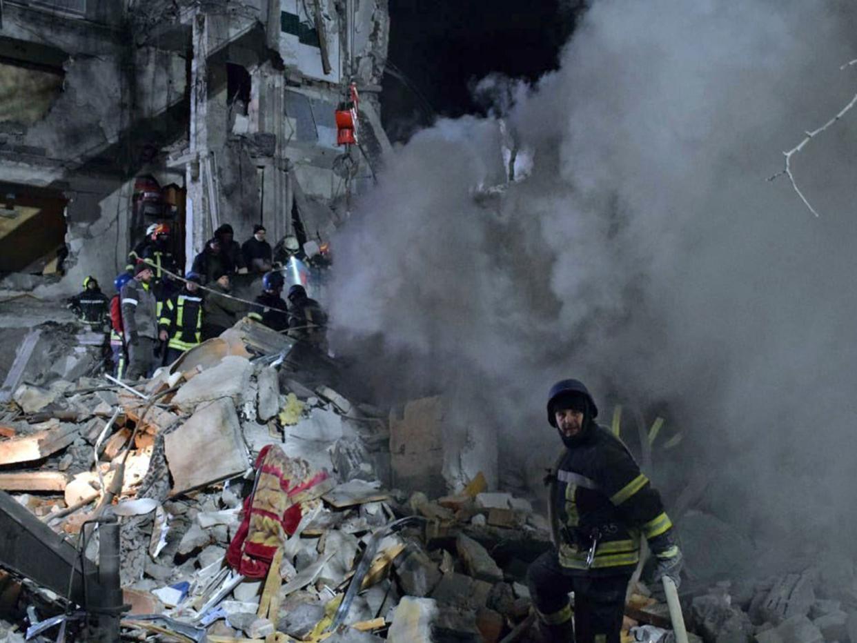 Emergency responders search rubble of buildings destroyed in an attack on Kramatorsk (National Police Ukraine)