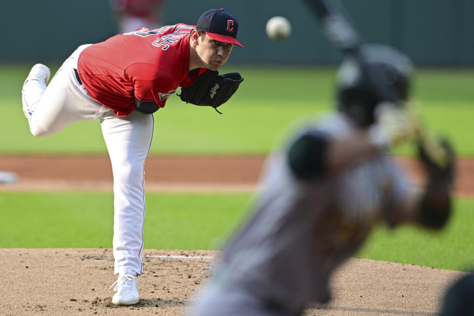 Cleveland Guardians starting pitcher Gavin Williams delivers to Oakland Athletics' Ramon Laureano during the first inning of a baseball game Wednesday, June 21, 2023, in Cleveland. (AP Photo/David Dermer)