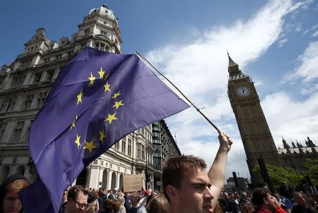 People hold banners during a 'March for Europe' demonstration against Britain's decision to leave the European Union, in Parliament Square, in central London, Britain July 2, 2016. REUTERS/Neil Hall