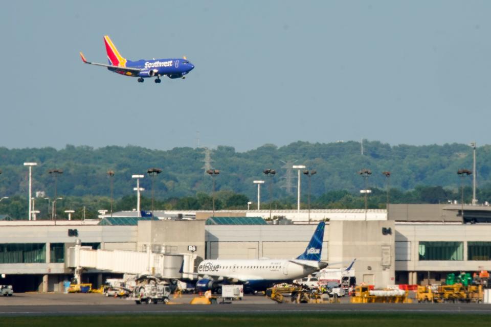 A Southwest Airlines flight approaches for landing at Nashville International Airport in Nashville, Tenn., Wednesday, Sept. 6, 2023. A state law gives the Metro Nashville Airport Authority broader power over zoning in much of Davidson County.