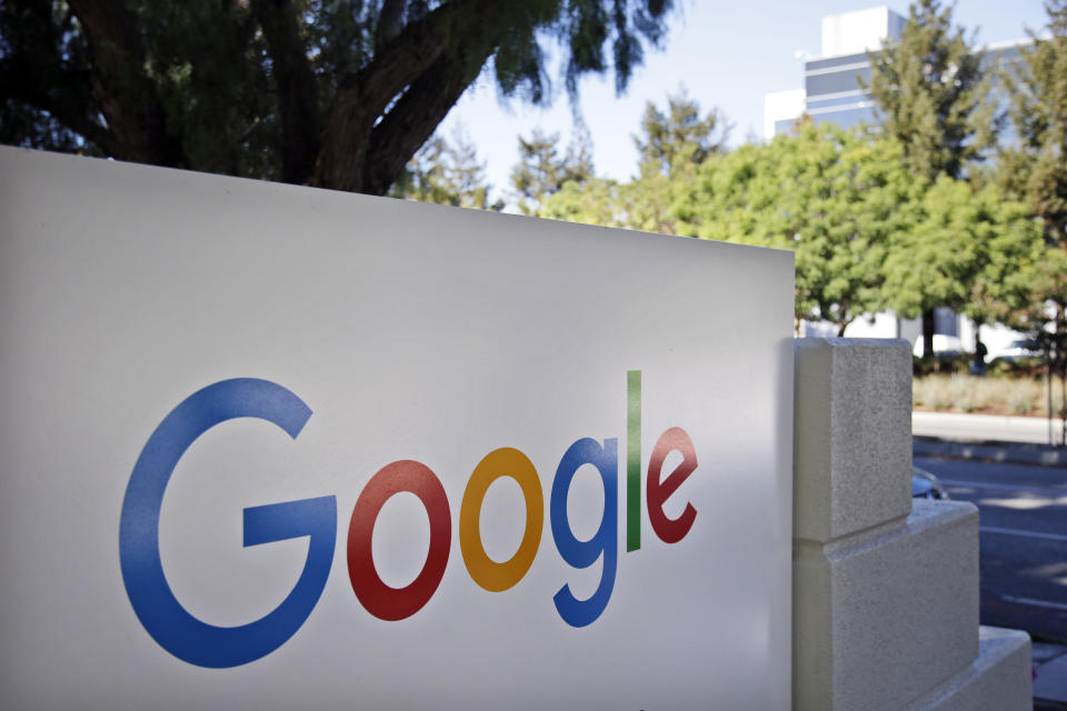 FILE - In this Oct. 20, 2015 file photo is signage outside Google headquarters in Mountain View, Calif. In just the past month of Jan. 2023, there have been nearly 50,000 job cuts across the technology sector. Large and small tech companies went on a hiring spree in over the past several years due to a demand for their products, software and services surged with millions of people working remotely. (AP Photo/Marcio Jose Sanchez, File)