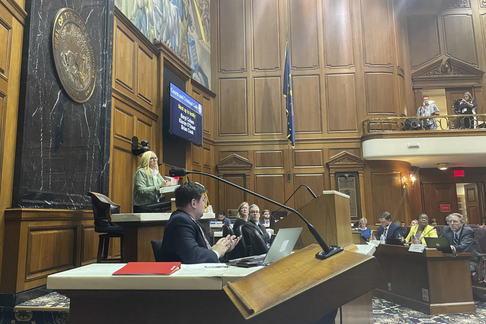 Republican Rep. Wendy McNamara of Evansville, Ind., who sponsors the Indiana House version of the Senate abortion bill, introduced Tuesday, Aug. 2, 2022, new exceptions to a near-total abortion ban approved Saturday, July 31, 2022, in the Senate. (AP Photo/Arleigh Rodgers)