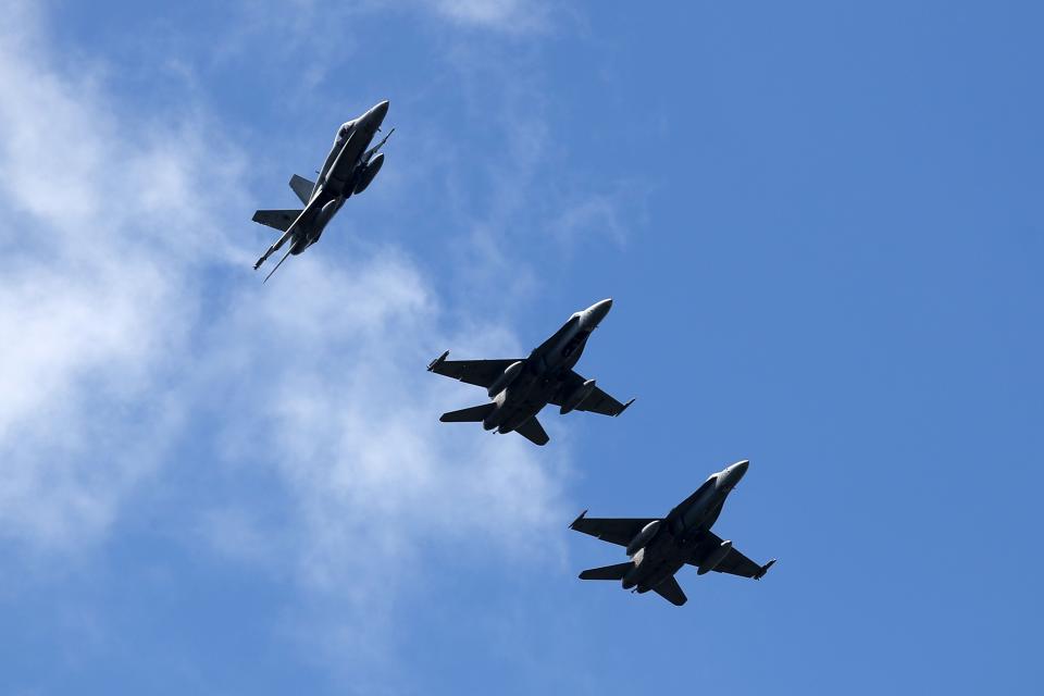 Spanish fighter jets F15 fly during the international military exercise Iniochos at Andravida air base, about 279 kilometres (174 miles) southwest of Athens, Tuesday, April 20, 2021. Greece vowed Tuesday to expand military cooperation with traditional NATO allies as well as Middle Eastern powers in a race to modernize its armed forces and face its militarily assertive neighbor Turkey. (AP Photo/Thanassis Stavrakis)