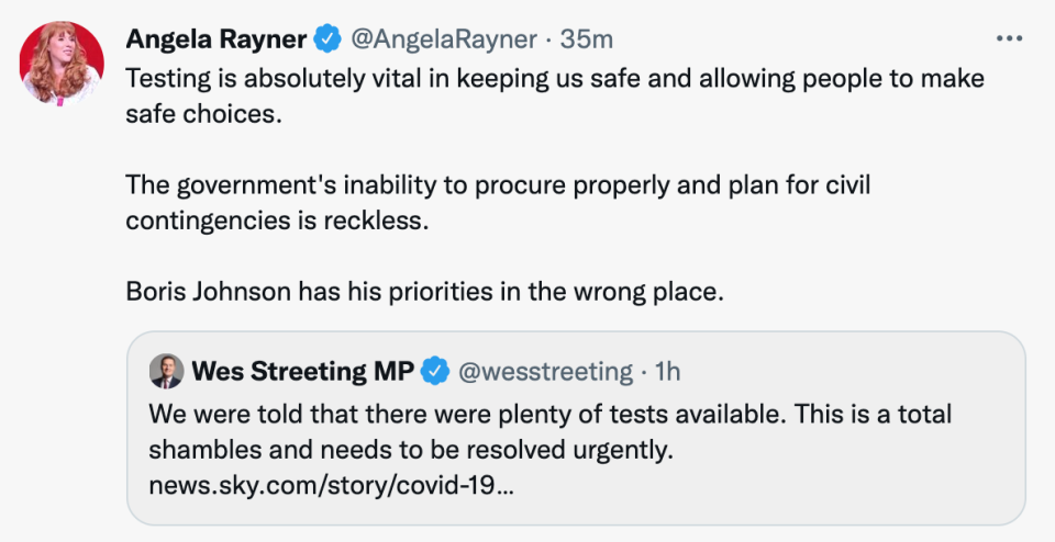 Labour deputy leader Angela Rayner tweeted that Boris Johnson had his priorities in the wrong place. (Twitter/@AngelaRayner)