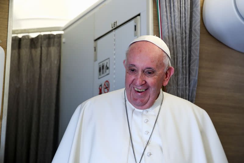 Pope Francis gives news conference aboard papal plane after visiting Iraq