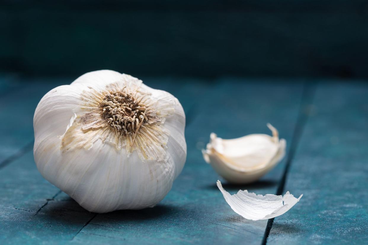 white garlic on petrol-colored wooden background