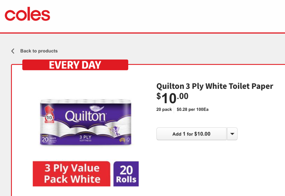 Coles has slashed the price of a popular pandemic stockpile item: toilet paper. Photo: Coles.