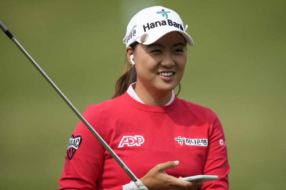 Minjee Lee, of Australia, practices on the driving range before the Women's PGA Championship golf tournament, Wednesday, June 21, 2023, in Springfield, N.J. (AP Photo/Seth Wenig)