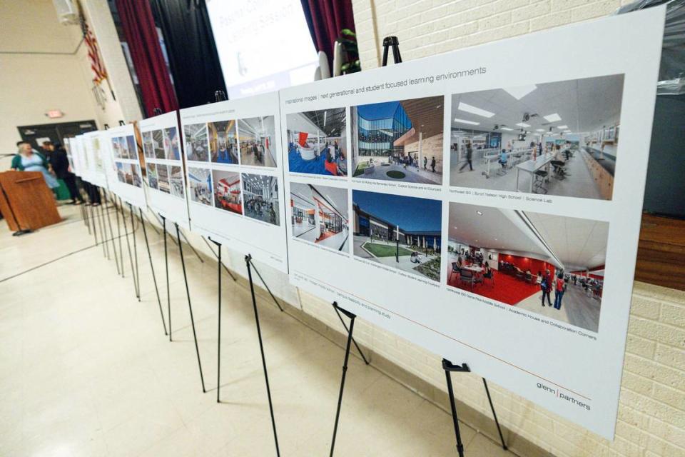 Examples of possible renovations coming to Fort Worth ISD campuses on display during a FWISD community listening session at Daggett Middle School in Fort Worth on Thursday.