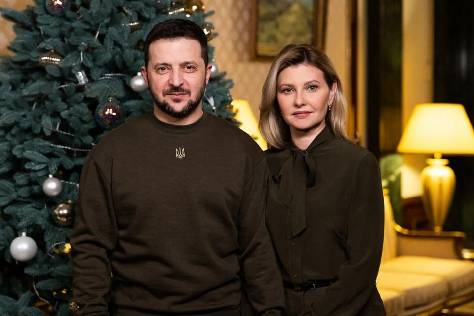 Ukrainian President Volodymyr Zelensky and his wife Olena during their New Year's address to Ukrainian people (AFP via Getty Images)