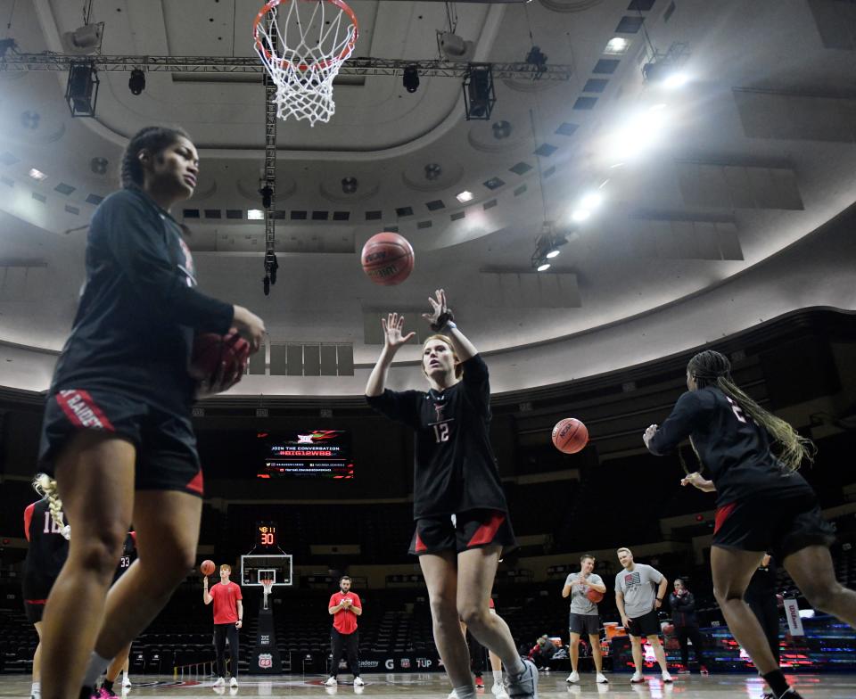 Texas Tech practices ahead of their Big 12 tournament game, Wednesday, March 9, 2022, at the Municipal Auditorium in Kansas City. Tech’s game is 5:30 p.m. on Thursday against Oklahoma State.