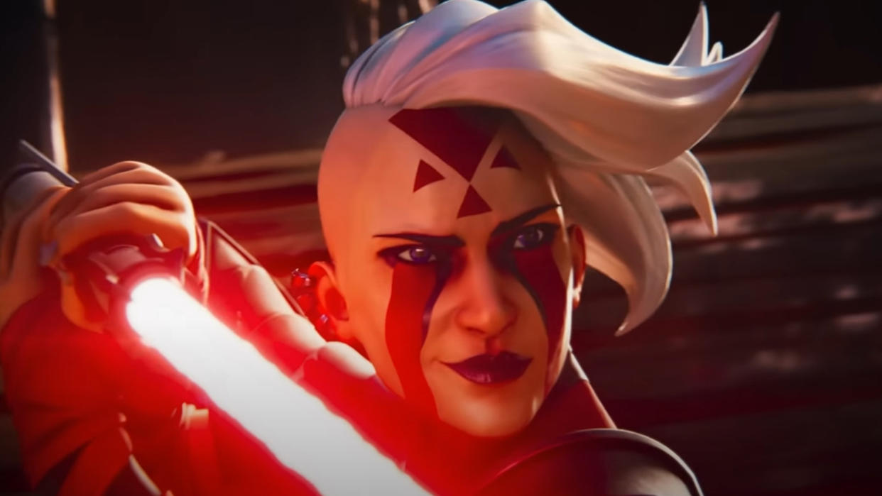  Promotional image for the video game Star Wars: Hunters. Close up of a woman with a white mohawk hairstyle flopping to the right. She has red markings on her face and is holding a red lightsaber, ready for battle. She is smirking. 