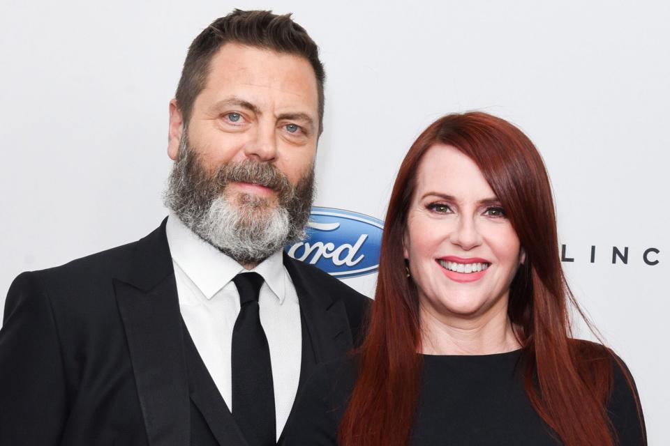 Nick Offerman and Megan Mullally arrive at the 43rd Annual Gracie Awards at the Beverly Wilshire Four SeasonsHotel on May 22, 2018 in Beverly Hills, California.