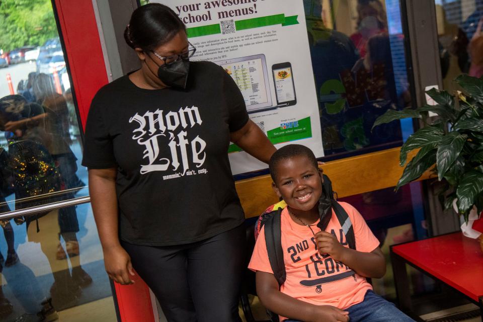 Alexis Dowdell and son Xavier on the first day of school at Linden Elementary School in Oak Ridge on July 24. The first day of school for students in Knox County is Aug. 8.