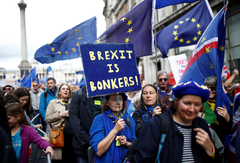 EU supporters march as parliament sits on a Saturday for the first time since the 1982 Falklands War, to discuss Brexit in London, Britain, October 19, 2019. REUTERS/Henry Nicholls