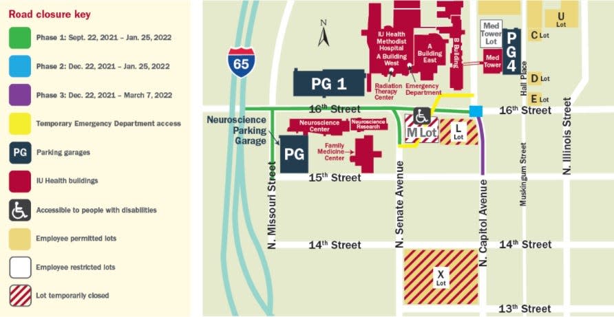 Map of road closures and restrictions surrounding the IU Health Methodist medical campus as the network prepares to build a new hospital.