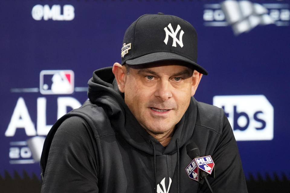 New York Yankees manager Aaron Boone attends a news conference before a workout ahead of Game 1 of baseball's American League Division Series against the Cleveland Guardians, Monday, Oct. 10, 2022, in New York. (AP Photo/John Minchillo)