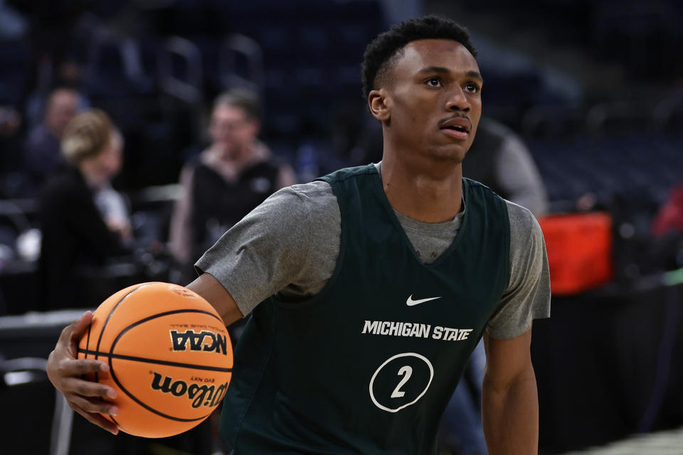 Michigan State guard Tyson Walker practices before a Sweet 16 college basketball game at the NCAA East Regional of the NCAA Tournament, Wednesday, March 22, 2023, in New York. (AP Photo/Adam Hunger)