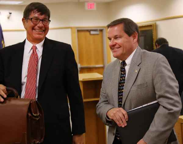 Former Toyota of Portsmouth owner Jim Boyle, right, appeared in court with his attorney John Kuzinevich in March 2021 as part of his ongoing legal dispute with the city of Portsmouth