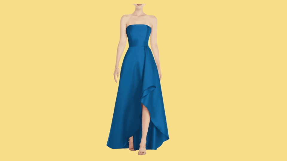 Live out your Princess Diaries fantasy in a regal strapless dress with a leg-baring high-low hem.