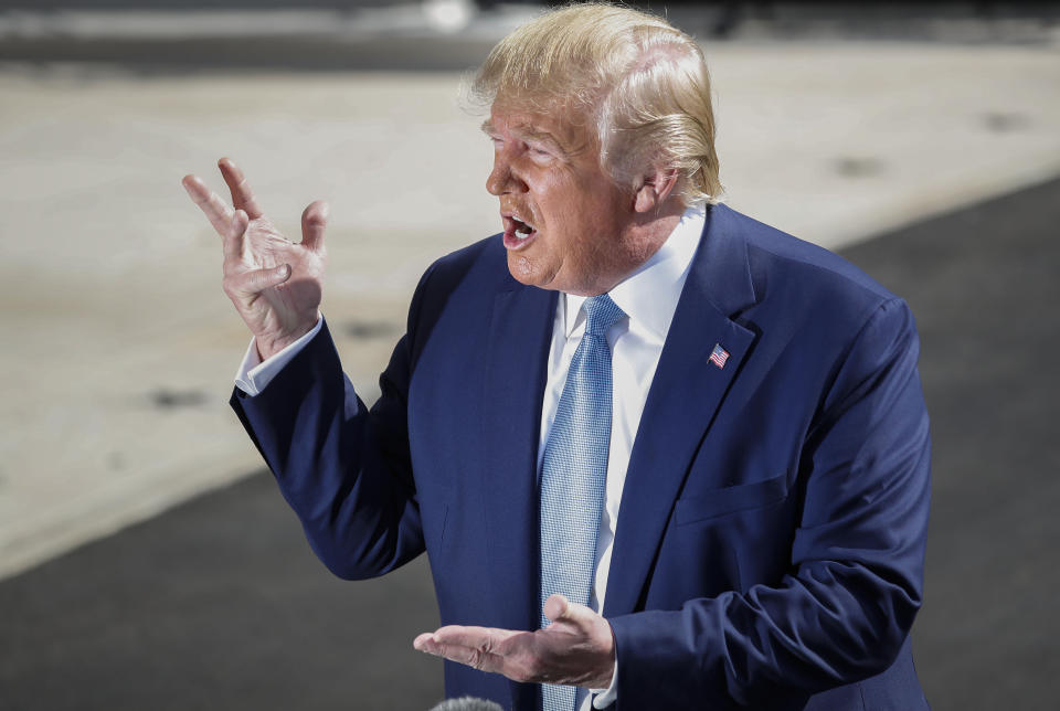 President Donald Trump speaking to the media on the South Lawn of the White House in Washington. (Photo: Pablo Martinez Monsivais/AP)