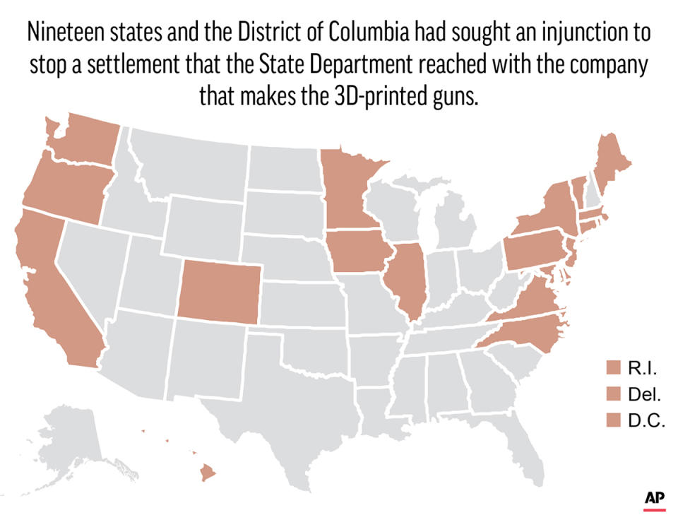 Nineteen states and the District of Columbia had sought an injunction to stop a settlement that the State Department reached with the company that makes the 3D-printed guns.; 2c x 3 inches; 96.3 mm x 76 mm;