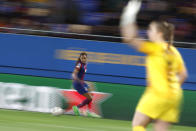 Barcelona's Salma Paralluelo in action during the women's Champions League quarterfinals, second leg, soccer match between FC Barcelona and SK Brann Kvinner at the Estadi Johan Cruyff in Barcelona, Spain, Thursday, March 28, 2024. (AP Photo/Joan Monfort)