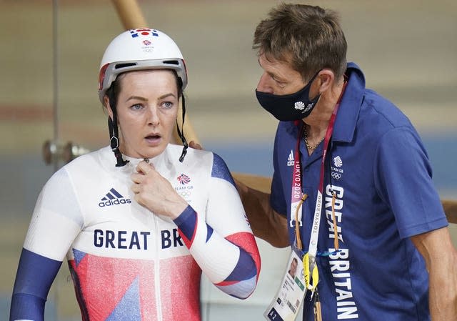 Great Britain’s Katy Marchant reacts after colliding with Netherlands’ Laurine Van Riessen