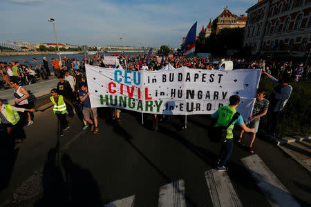 Protesters attend a rally against Hungarian government's clampdown on a top foreign university and non-government organisations in Budapest, Hungary, May 21, 2017. REUTERS/Laszlo Balogh