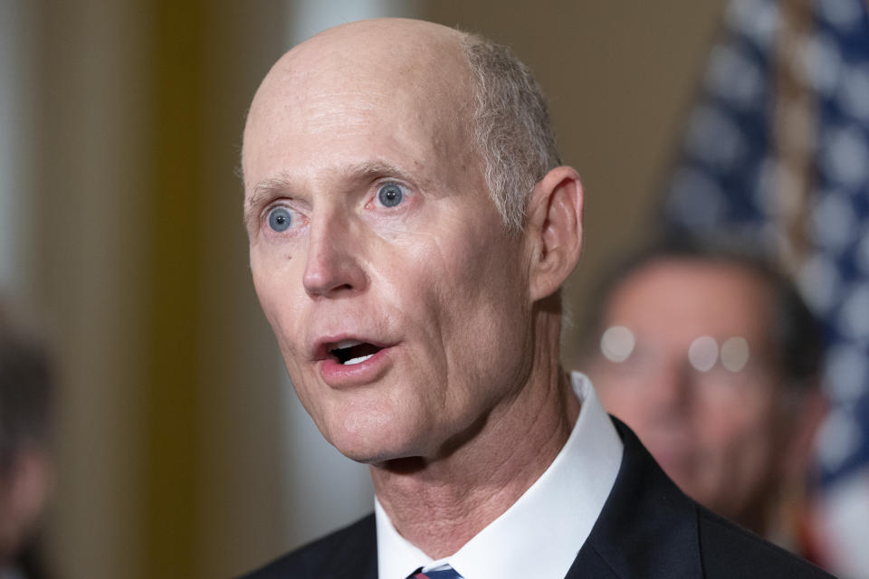 Sen. Rick Scott, R-Fla., speaks, Wednesday, Sept. 7, 2022, during a news conference on Capitol Hill in Washington. (AP Photo/Jacquelyn Martin)
