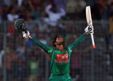 Cricket - England v Bangladesh - First ODI cricket match - Sher-e-Bangla Stadium, Dhaka, Bangladesh - 07/10/16. Bangladesh's Imrul Kayes celebrates scoring a century during the first One Day International. REUTERS/Cathal McNaughton