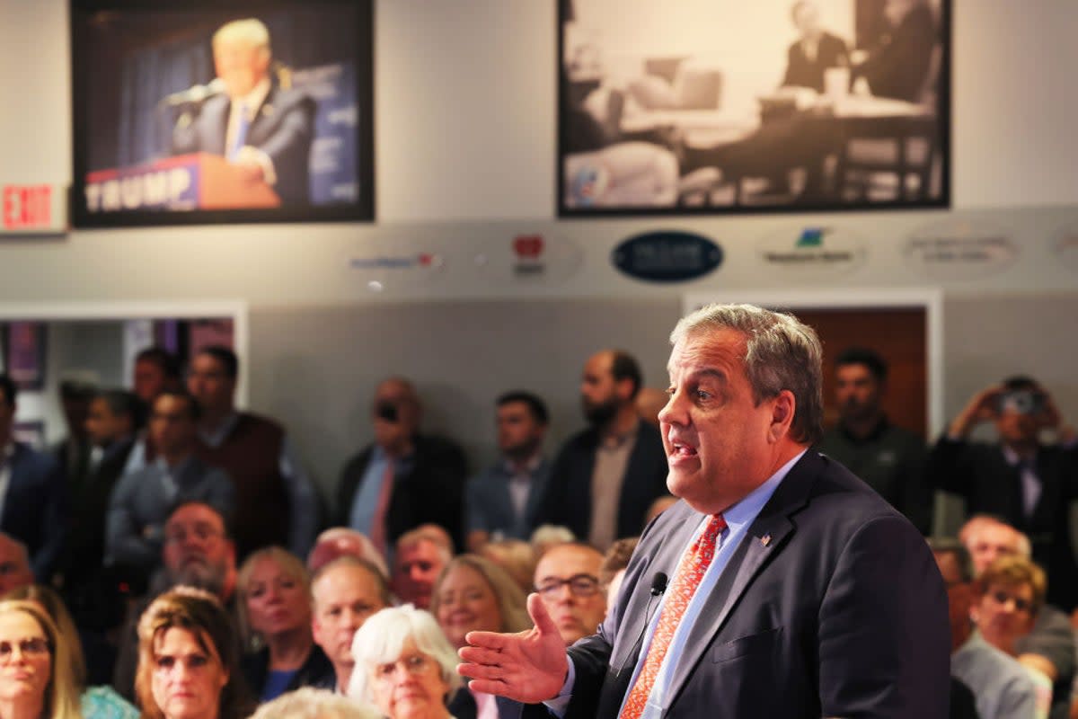 Chris Christie speaks to voters at St Anselm college on Tuesday as he launches his 2024 campaign (Getty Images)