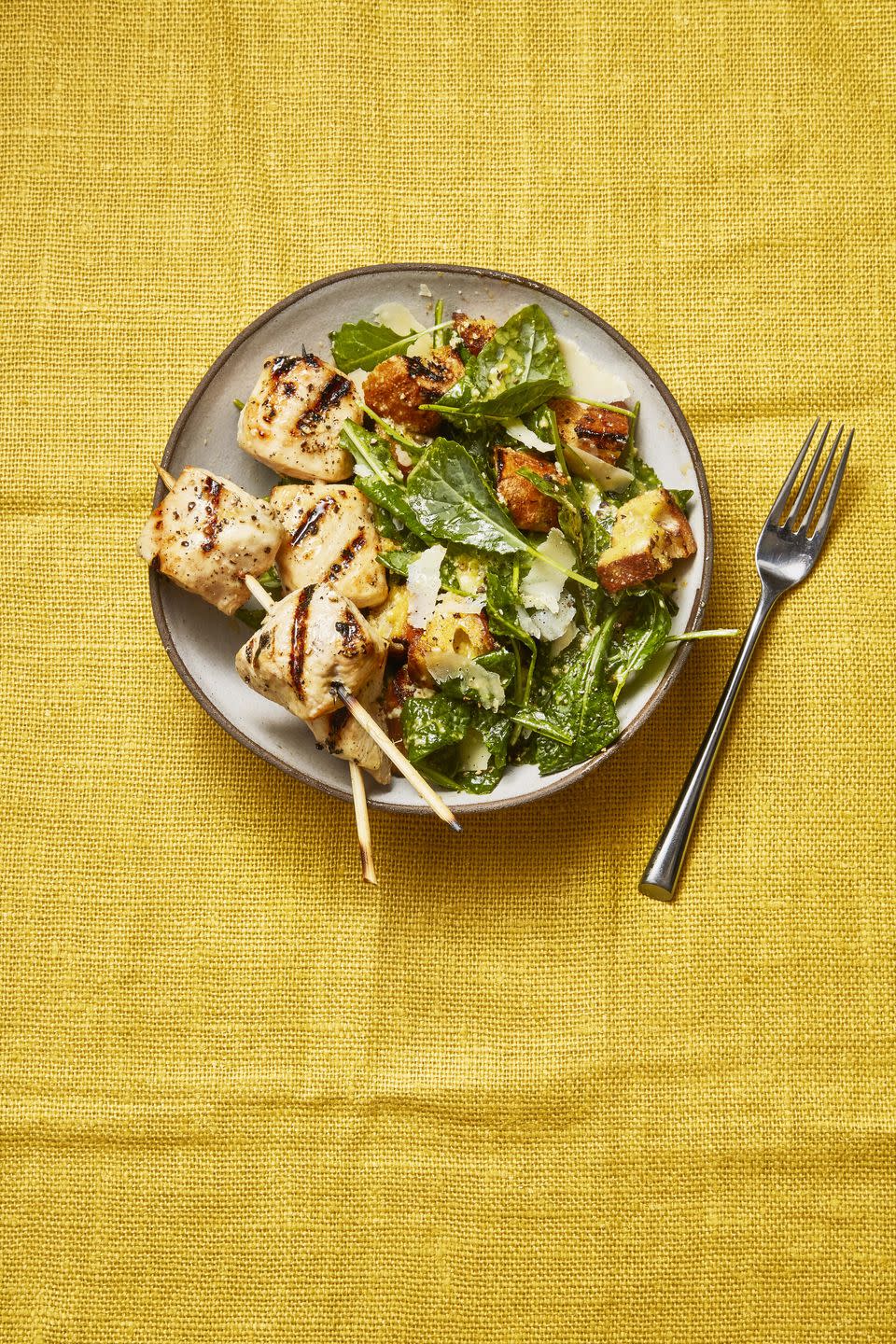 Grilled Chicken Skewers and Kale Caesar