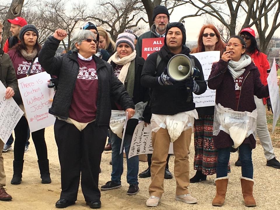 Poultry workers protested outside of the USDA's offices recently to decry the hazardous conditions they say they face in plants. Some wore diapers to signify the relentless conditions, and how they often don't even have enough time to go to the bathroom. (Photo: United Food and Commercial Workers)